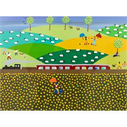 Gordon Barker (British 1960-): 'Train Journey', acrylic and pen signed, titled verso 29cm x 39cm