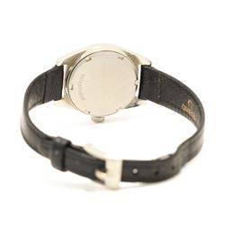 Omega ladies stainless steel manual wind wristwatch, Ref. 535.014, Cal. 630, silvered dial with baton hour markers, on black leather strap