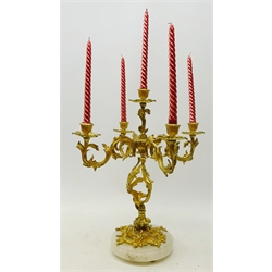  Ormolu five light Table Candelabra the four S scroll acanthus branches on openwork support with pierced base, marble stand with three ball feet, H45cm, W40cm  