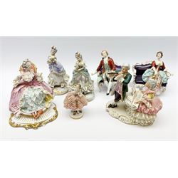 Naples porcelain Crinoline figure of a seated lady, H20cm, similar pair of Naples figures on marbled bases, together with four other Naples and Continental porcelain figures (7)