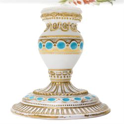 19th century tazza or compote, hand painted with flowers within gilt and turquoise borders, H16cm 
