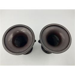 Chinese bronze vase, of baluster form with elongated neck, decorated in relief with birds amongst prunus blossom, together with a smaller pair of twin handled bronzed vases, decorated with peacocks and a blue Peking glass dish, with white metal mounted decorated with dragons, bronze vase H23.3cm