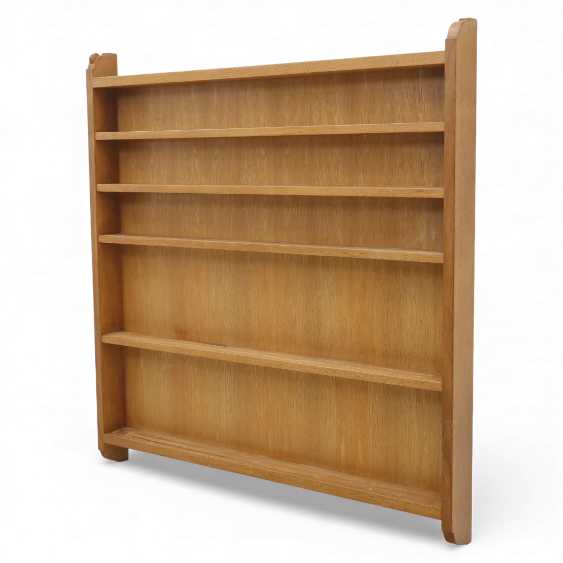 Mouseman - oak plate rack, with five shelves each with twin grooves, wall mountable, with signature mouse carving by Robert Thompson of Kilburn