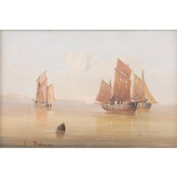 Edward King Redmore (British 1860-1941): Two Boat Scenes with Headlands, two oils on board, together with two further scenes of boats, max 17cm x 18.5cm (4) (one unframed)