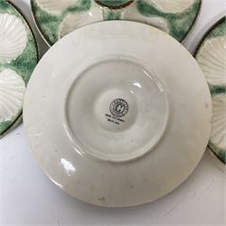 Set of six Chantilly France majolica style oyster plates and further larger serving dish, largest D32cm