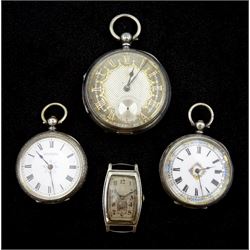 Victorian silver open face key wound pocket watch, No. 16789, Chester 1889, two silver open face cylinder ladies pocket watches and a silver rectangular wristwatch, case by 	J W Benson Ltd, Glasgow import mark 1932 (4)
