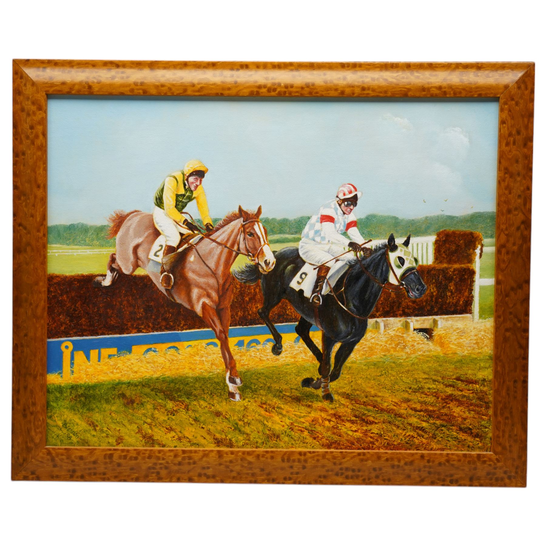 English Naive School (Early 20th century): Horseracing, watercolour signed; Julie Brennan (British 20th Century): Two Racehorses and Jockeys taking the Jump, oil on canvas signed and dated '98, max 40cm x 50cm (2)