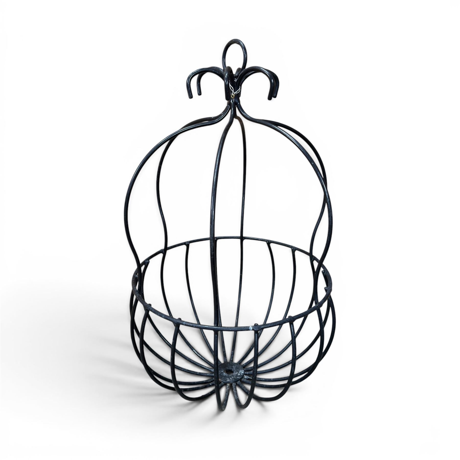Pair of two tiered flower baskets, two hay racks, hanging basket, two boxes of plant pots and a square stone planter