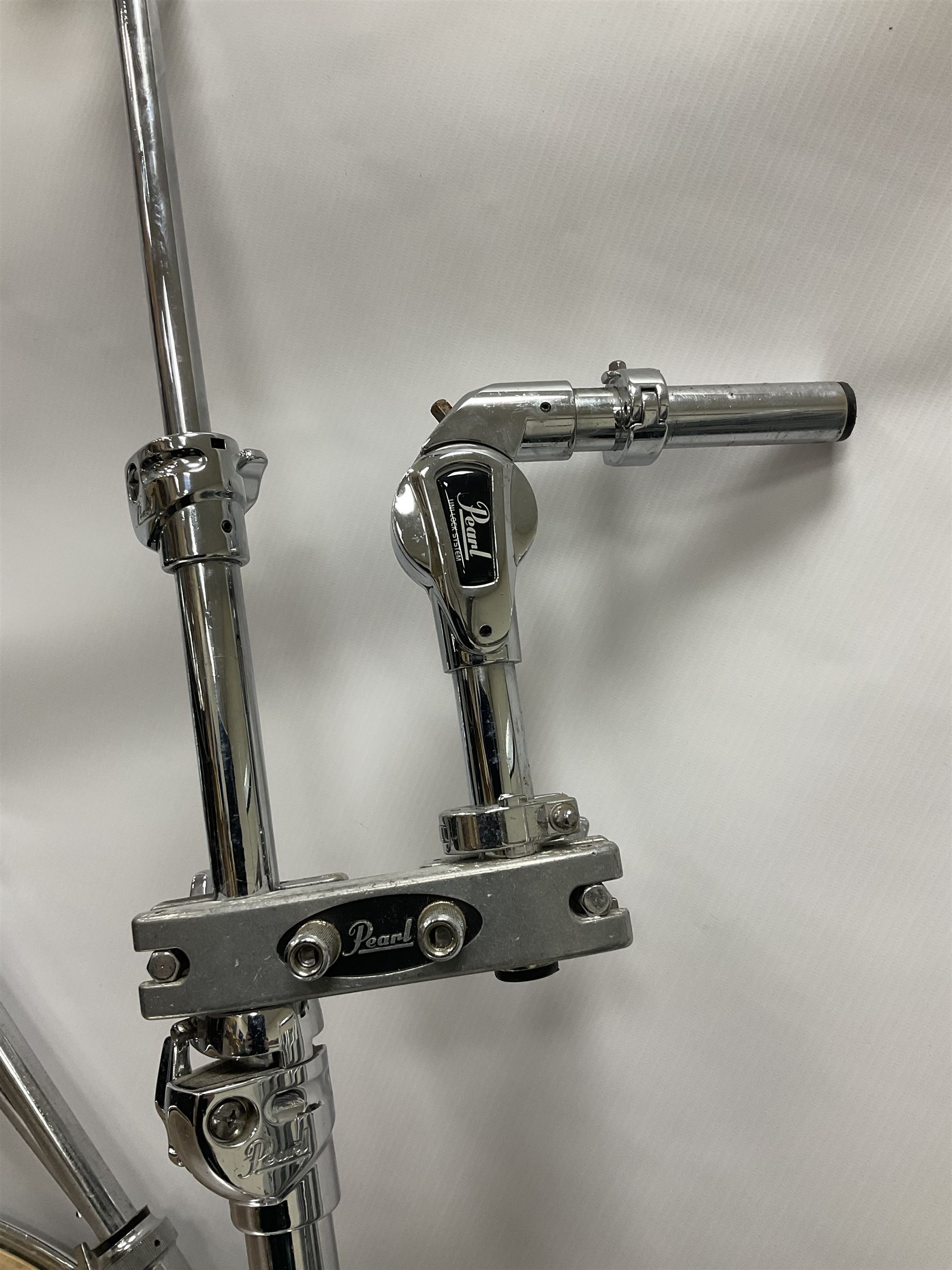 Pearl Vision SST Birch Ply shell four-piece drum kit in black comprising bass drum with foot pedal and three graduated toms; together with Pearl Custom Alloy Sensitone steel snare drum, drum and cymbal stands, microphone stand, stool and various drum sticks 