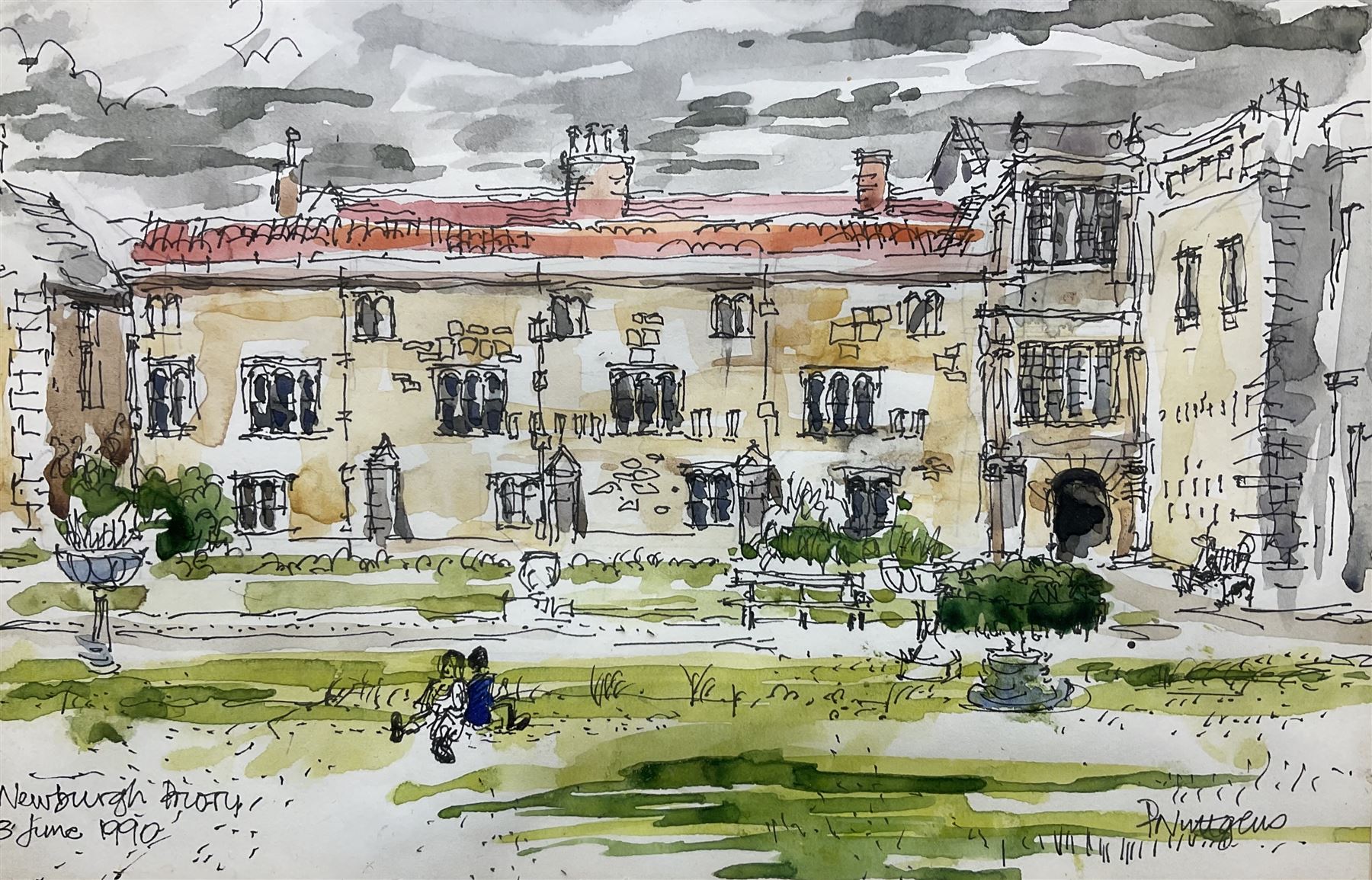 Diane E Thornton (British 1949-): 'Bootham York', watercolour signed 25cm x 20cm.  Patrick John Nuttgens CBE (British 1930-2004): 'Newburgh Priory', pen and colour washes signed titled and dated 3rd June 1990, 16cm x 25cm (2)