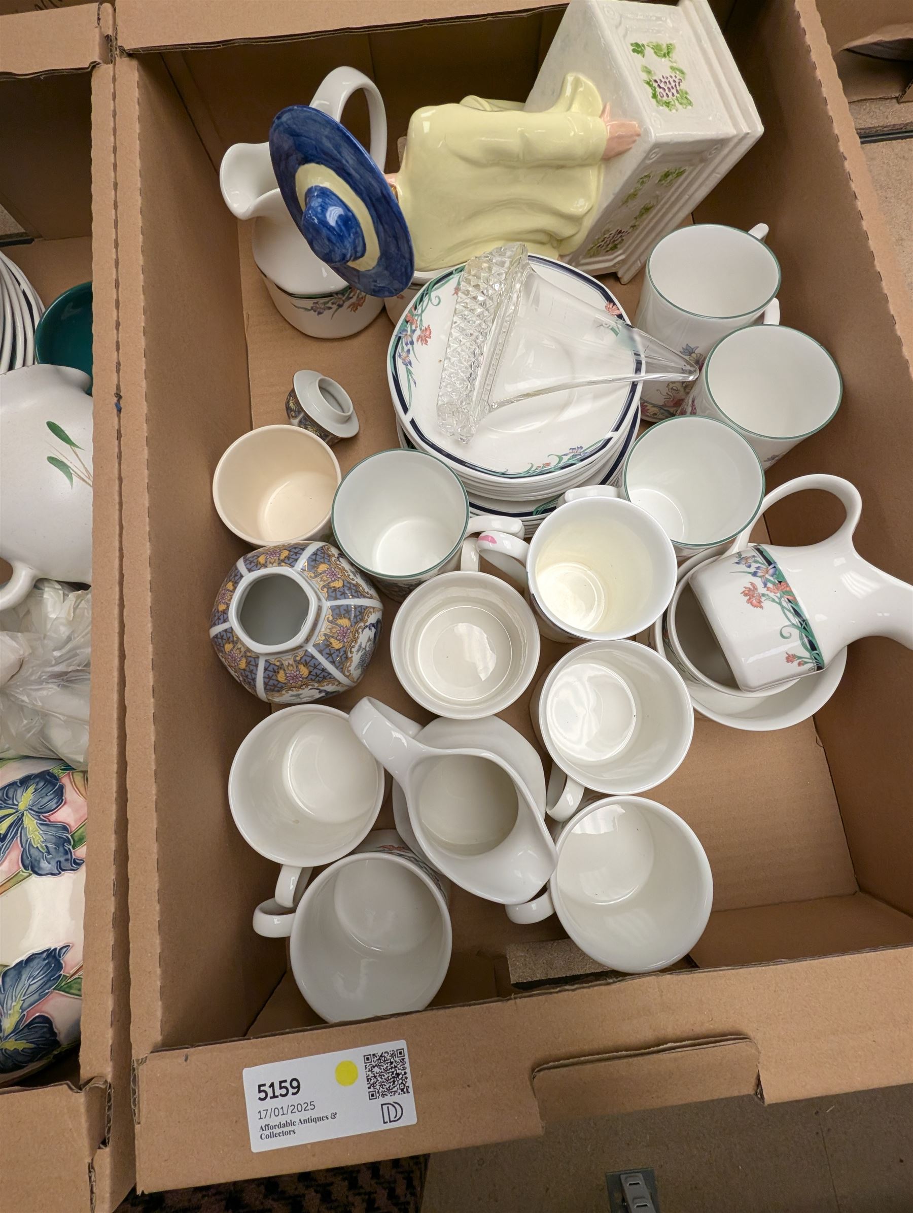 Old Tupton Ware vase, Royal Doulton Juno pattern dinner wares and other ceramics, in three boxes, etc