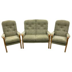 Three piece lounge suite - two seat settee (W125cm), and pair matching armchairs (W74cm), beech framed and upholstered in pale green fabric with leaf pattern 