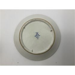 19th Sèvres style porcelain cup and saucer, the cup painted with a figural scene, against a scalloped border of scrolling floral swags on a blue ground, together with a Sèvres soft paste porcelain coffee can and saucer, painted with panels of exotic birds, roses and a border of cornflowers, LL monogram enclosing date letters H above painters mark, coffee can H6.5cm, saucer D13.5cm (2)