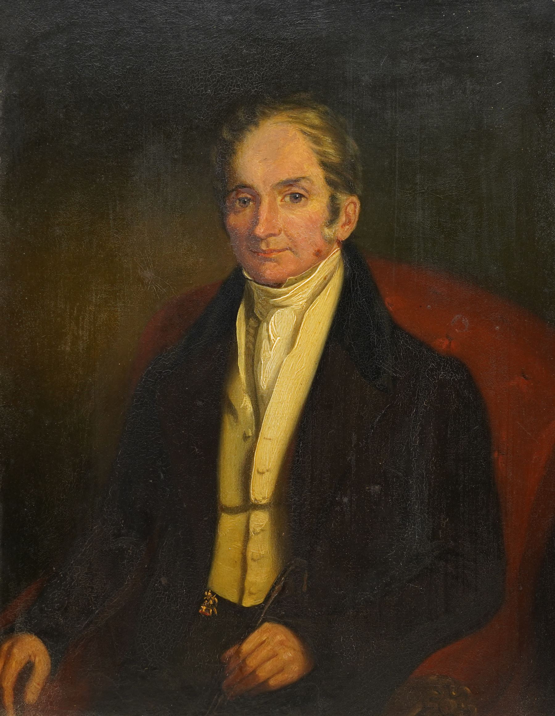 English School (19th century): Portrait of 'Thomas Kirkby' , oil on board unsigned, inscribed 'Sometime editor of the Leeds Intelligencer (newspaper), formerly of Leeds Mercury' verso 44cm x 34cm