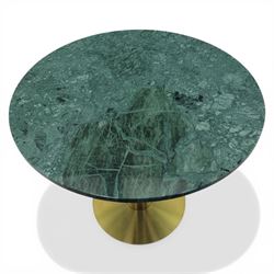 Contemporary marble top pedestal table, green circular marble raised on a brushed brass column  