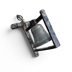 19th century cast iron outdoor bell bracket with bronze bell, lever action, finished in black paint