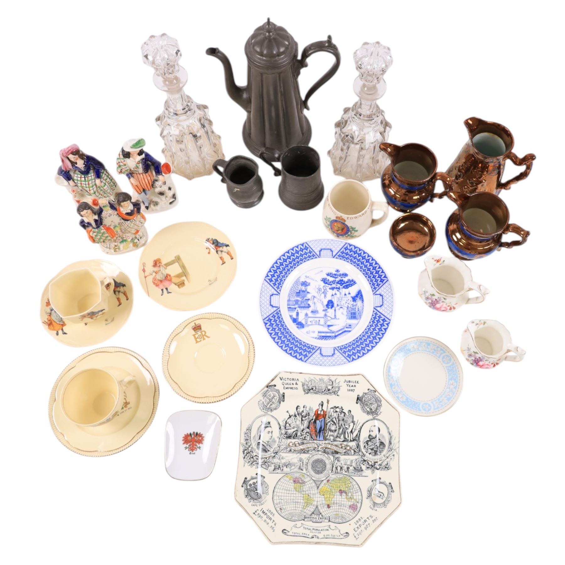 Royal Doulton nursery rhyme trio 'there was a little man, and he had a little gun', pewter coffee pot and tankards, commemorative ware, two mallet decanters, etc