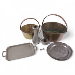 Two jam pans, together with pewter tray, vase etc 