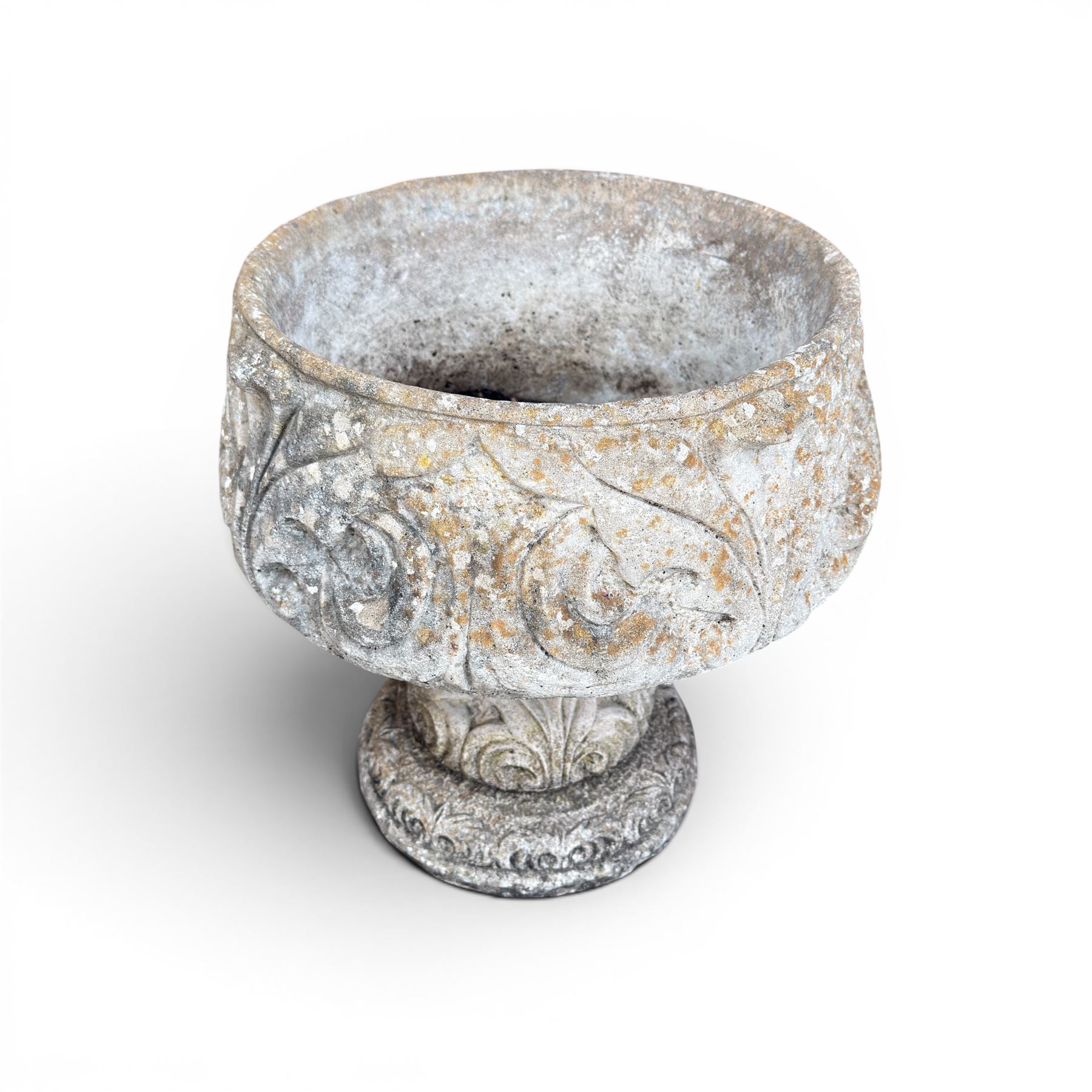 Cast stone ornate garden urn, circular shall bowl on squat base