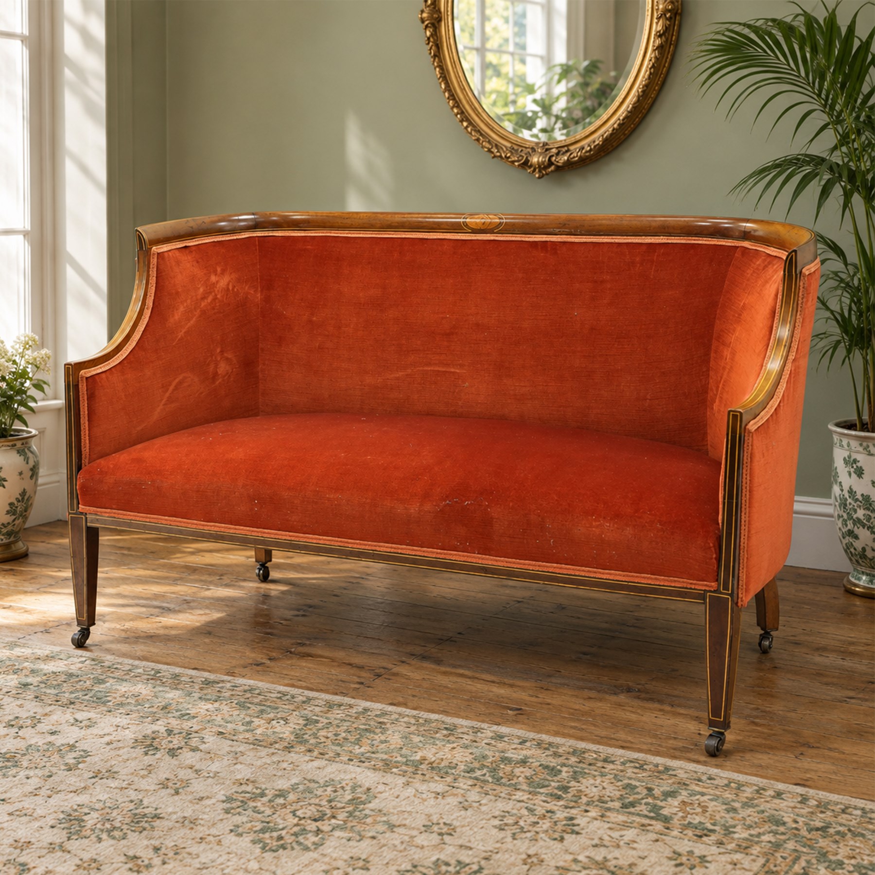 Edwardian inlaid mahogany tub two seater settee, traditional shape with satinwood stringing, upholstered in crimson fabric with sprung seat, on square tapering supports with castors