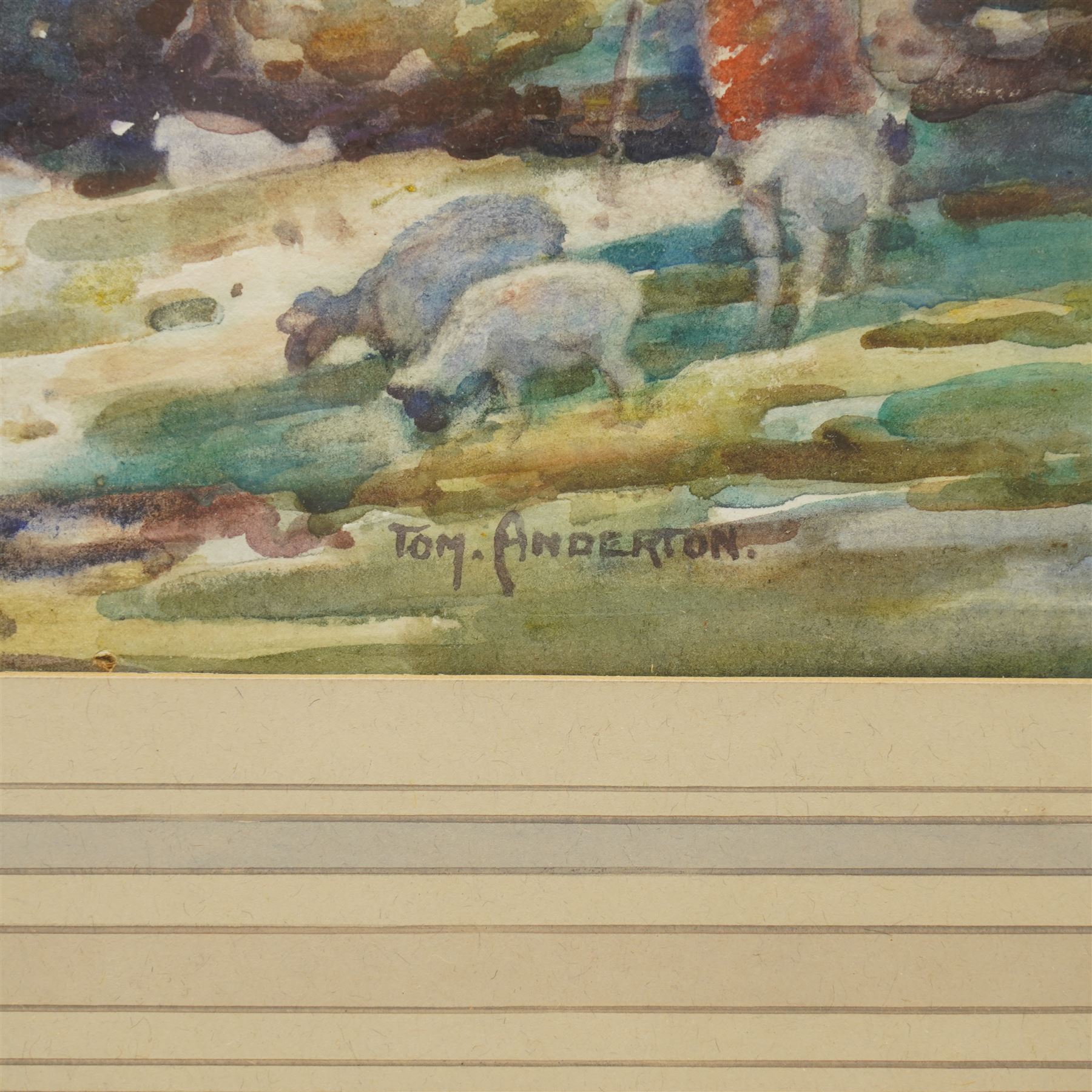 Tom Anderton (British 1894-1956): Shepherd and Sheep on the Riverbank, watercolour signed 43cm x 57cm