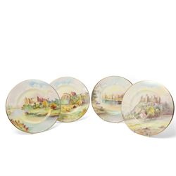 Four Minton hand painted castle plates by J Shaw, depicting 'Harlech Castle - Merionethshi...