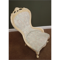  Victorian style limed oak nursing chair, carved cresting rail, upholstered back and seat, acanthus carved cabriole supports, W58cm  