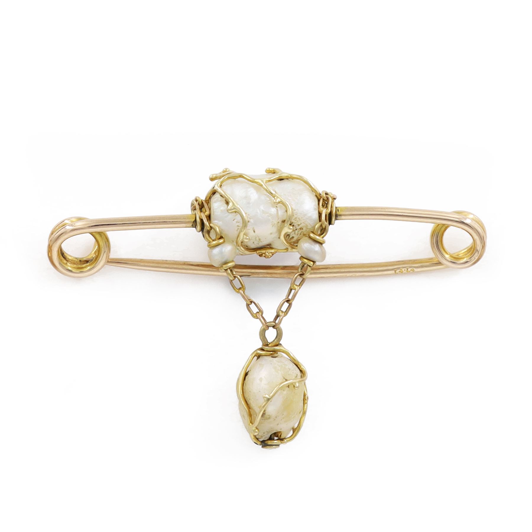 Early 20th century gold pearl necklace, three baroque pears within a wirework setting, spaced between fine belcher links and a similar 14ct gold brooch