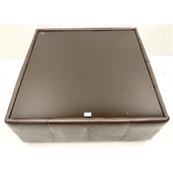 Leather upholstered coffee table inset glass top
