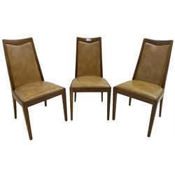 G-Plan - set of six mid-20th century teak 'Fresco' dining chairs, high back and seat upholstered in tan faux leather, on square tapering supports