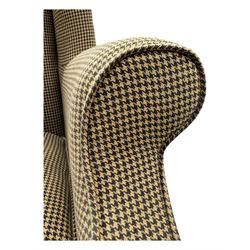 Hardwood-framed wingback armchair, upholstered in dog tooth pattern fabric, on cabriole supports 