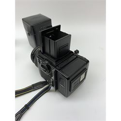 'Zenza Bronica SQ-B' camera fitted with 'Zenza Bronica Zenzanon-PS 1:28 f=80mm' lens, 'Zenza Bronica Zenzanon-PS 1:4 f=150mm' lens and 'Zenza Bronica Zenzanon-S 1:35 f=50mm' lens, with an instruction booklet