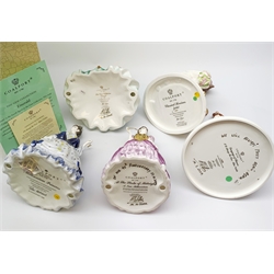 A group of Coalport figurines, comprising limited edition Emerald The Gem Collection 511/1500, with accompanying certificate and box, limited edition Language of Flowers I'll Always Be True Blue Violets 533/2000, with accompanying certificate and box, limited edition Classical Heroines Juliet 1257/2000, At The Stroke of Midnight A New Millennium, and Millennium Princess. (5). 