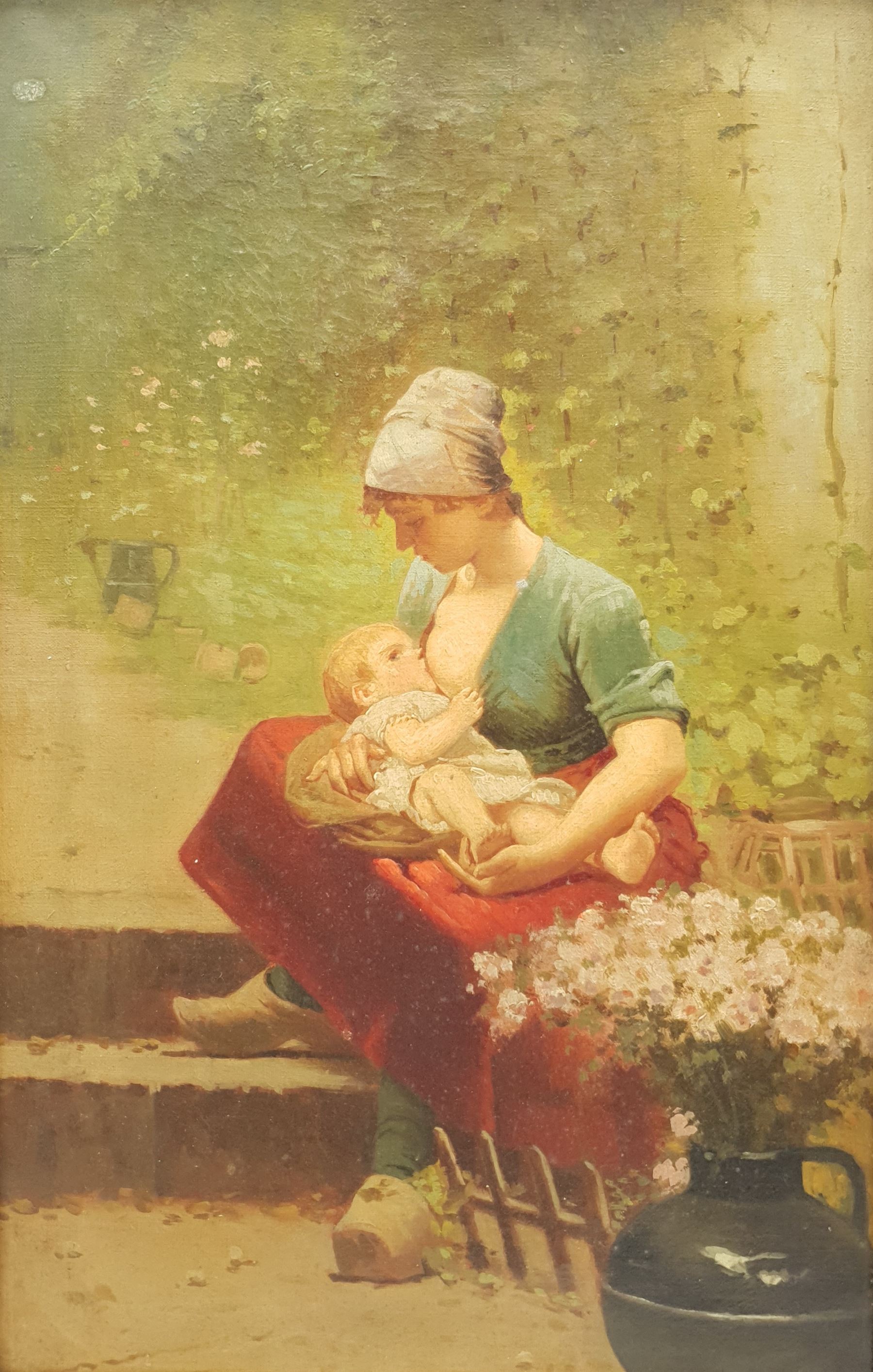 Continental School (19th century):  Nursing Mother seated on Outside Steps, oil on canvas unsigned 39cm x 25cm