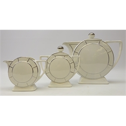  French 1930s three piece tea ceramic set by Digoin Sarreguemes, circular form with silvered lustre highlights, numbered 9030 H24cm   