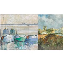 Ethel Blackburn (British 1907-2005): 'Scarborough Castle' and Moored Ships, two oils on board one signed titled and dated 1982 verso  other signed with monogram max 49cm x 38cm (2)