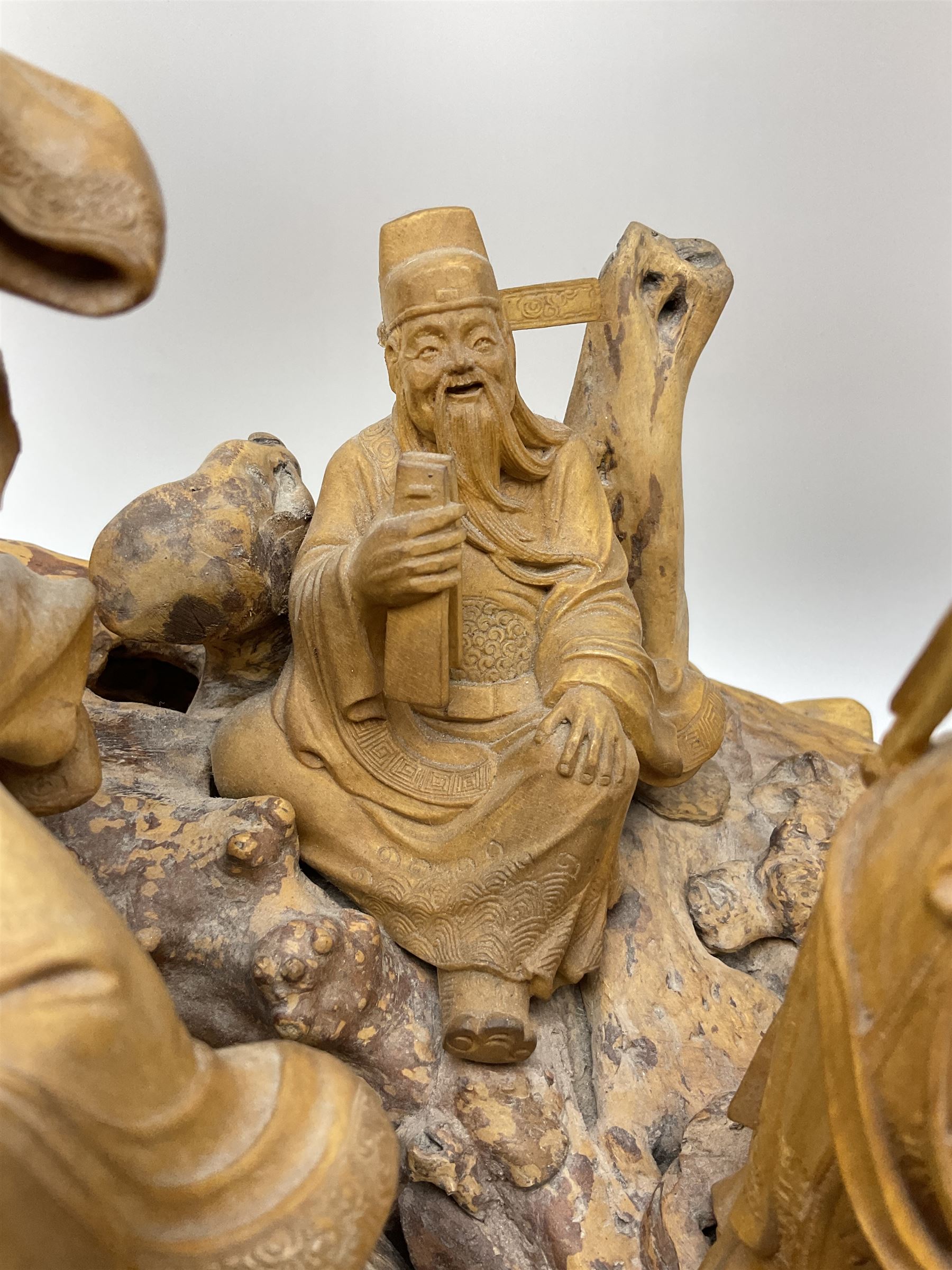 Large Chinese wood carving, depicting the eight immortals crossing the sea, H46cm, L78cm 