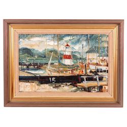 James Watt (Scottish 1931-2022): Crinan Canal Lighthouse and Lock, oil on canvas signed 29cm x 44cm 