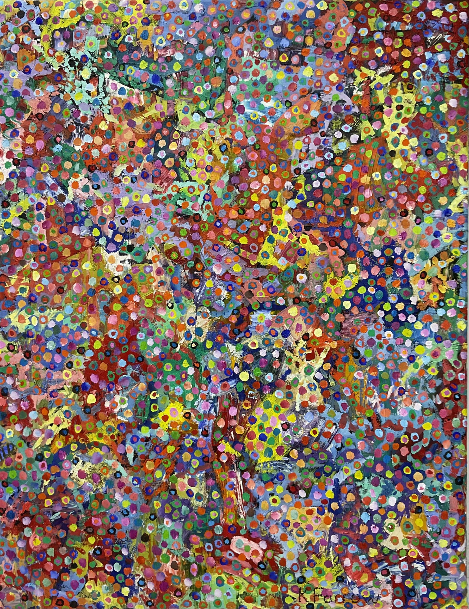 Kieron Farrow (British 1949-): ‘Rose Coral’, oil on linen signed, titled and dated 2000 verso 91 x 71cm (unframed)