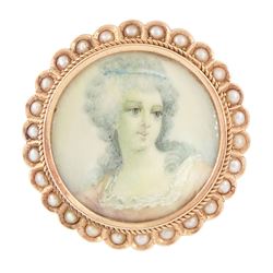 19th century gold pearl portrait brooch, set with a circular miniature of a woman in 18th ...