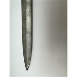 WWII Lee Metford rifle bayonet with original scabbard marked 586, with canvas frog, L44cm overall 
Notes; due to the condition of the bayonet it is possible this was issued to the home guard