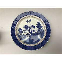 Quantity of blue and white ceramics to include Spode Italian pattern shallow bowl, Booths plate decorated with willow pattern, Wedgwood Jasperware tulip vase, T.G Green Cornish ware lidded storage jar, Delft style ceramics etc in two boxes