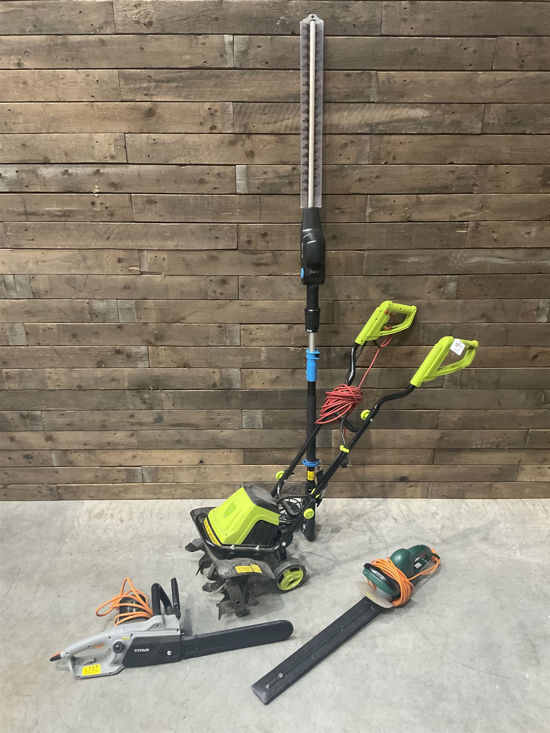 GardenGear electric tiller, MacAllister hedge trimmer, Titan electric chainsaw, and a hedge trimmer