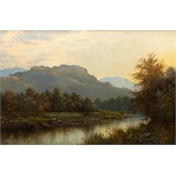 English School (Early 20th century): Deer in a Hilly River Landscape, oil on canvas indist...