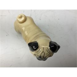 Three Beswick models comprising Hereford Bull no 949, 'CH Cutmil Cupie' Pug, and bay Shire horse, all with printed marks beneath