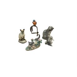 Two Lladro cat figures, comprising Cat and Mouse no 5236 and Kitty Confrontation no 1442, together with Royal Copenhagen cat and three other figures 