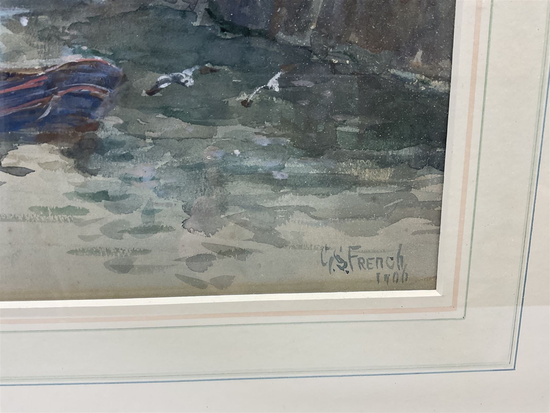 George Scarth French (British fl.1894-1910): Fishing Boats at Dock End Whitby Harbour, watercolour and bodycolour signed and dated 1906, 34cm x 53cm