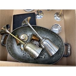 Boxed set of Banda carpet bowls, two boxed sets of Stuart glasses, Murano art glass bowl, cloisonné plate decorated with flowers upon gilt ground, silver plate and other metalware etc