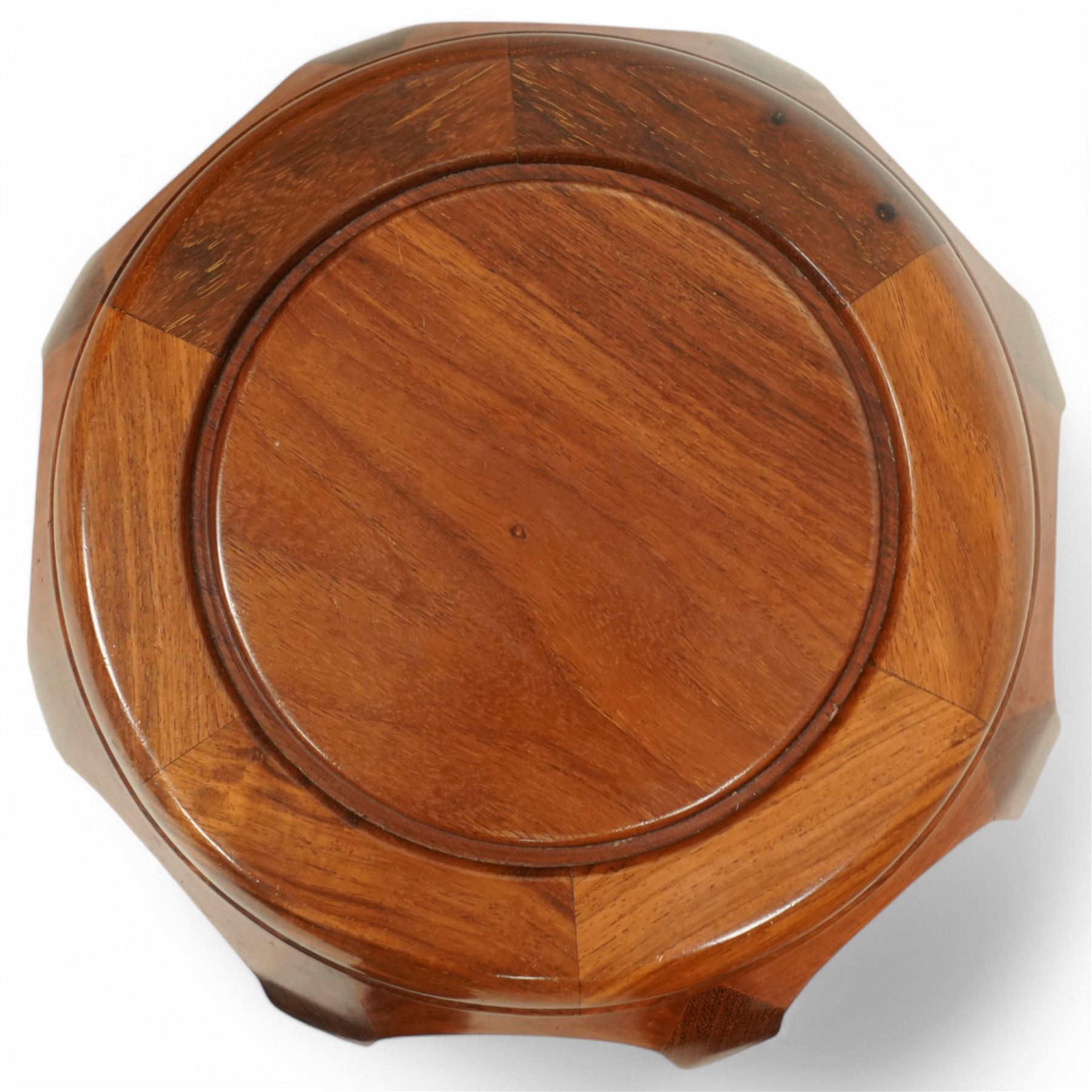 20th century Chinese hardwood drum-shaped stool or side table, circular top above shaped apron raised on eight curved scroll-decorated supports