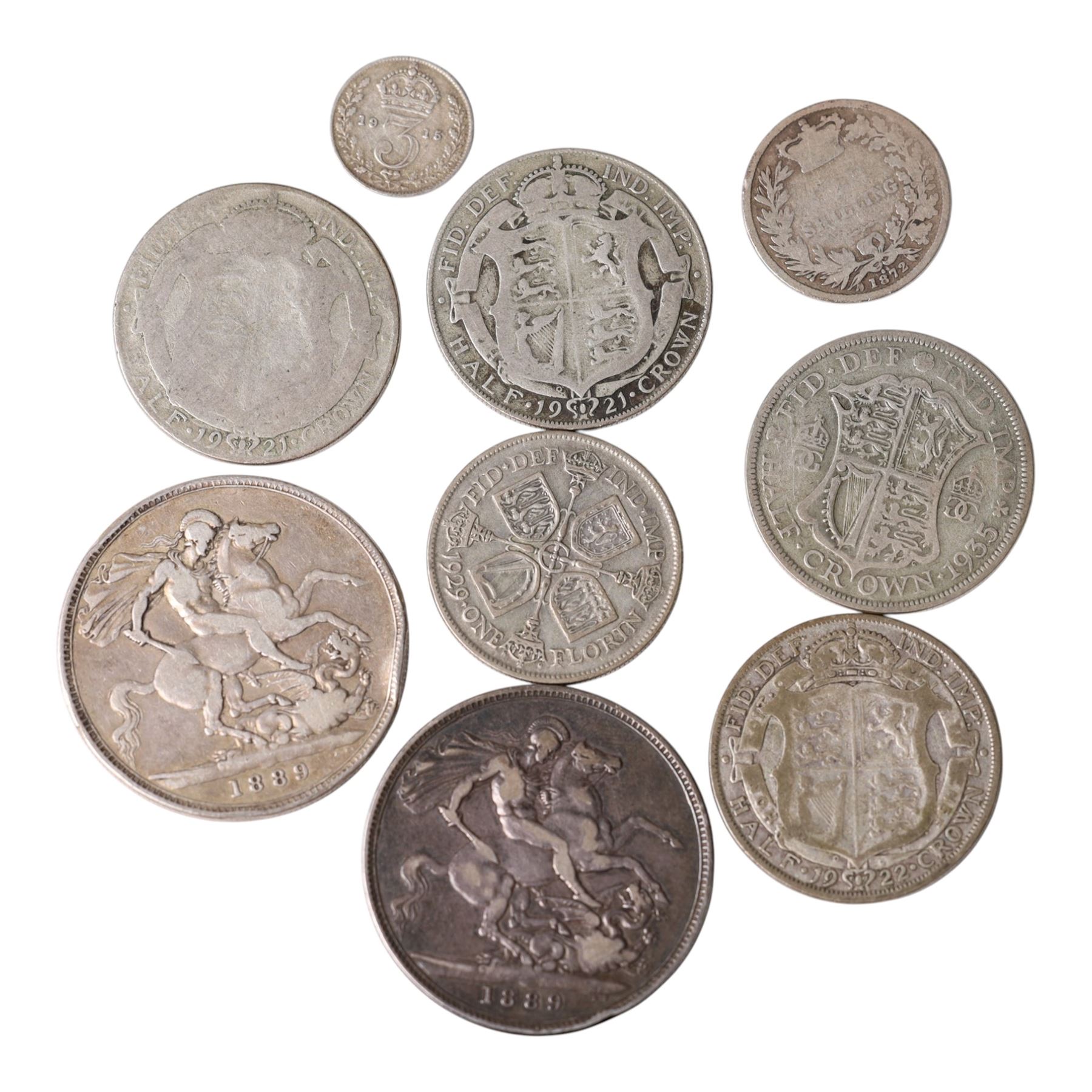Two Queen Victoria 1889 silver one crown coins, Queen Victoria 1872 one shilling coin, four King George V silver half crown coins, one florin, one shilling, and one threepence (9)
